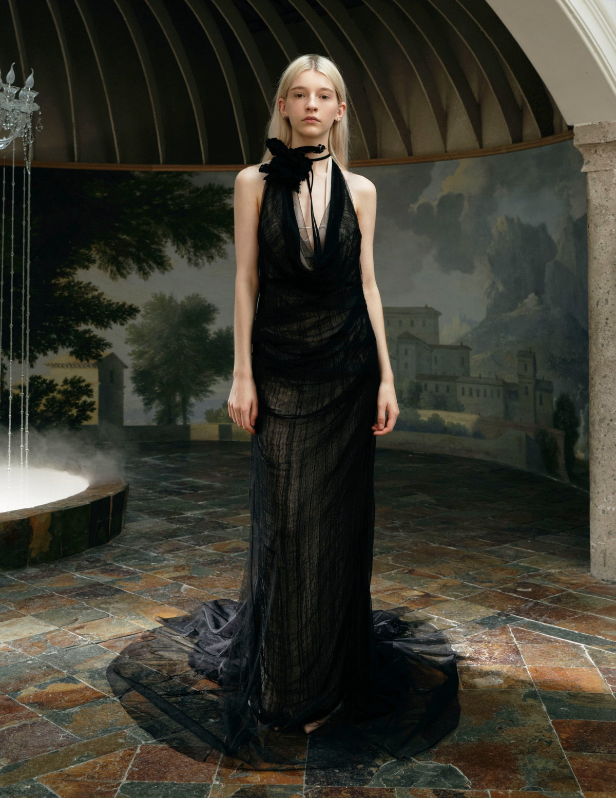 Black Sheer Tulle Floral Halter Cowl Draped Train Maxi Dress