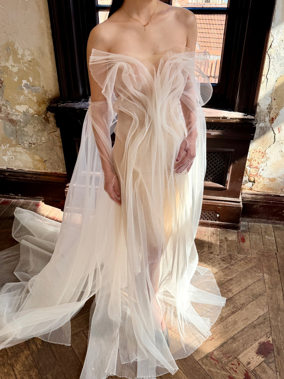 White Off Shoulder Tulle Flowy Maxi Dress