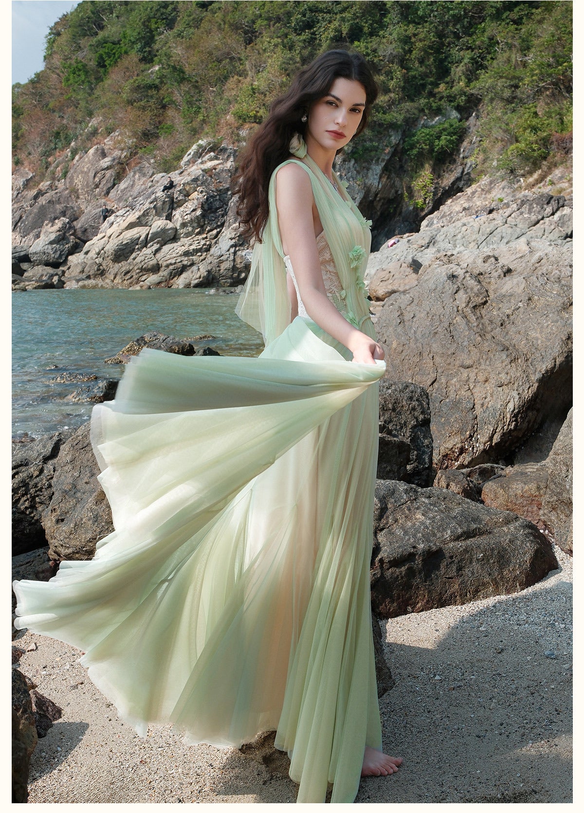 SHEERLUCK Green Elegant Tidal Lace Layer Maxi Dress