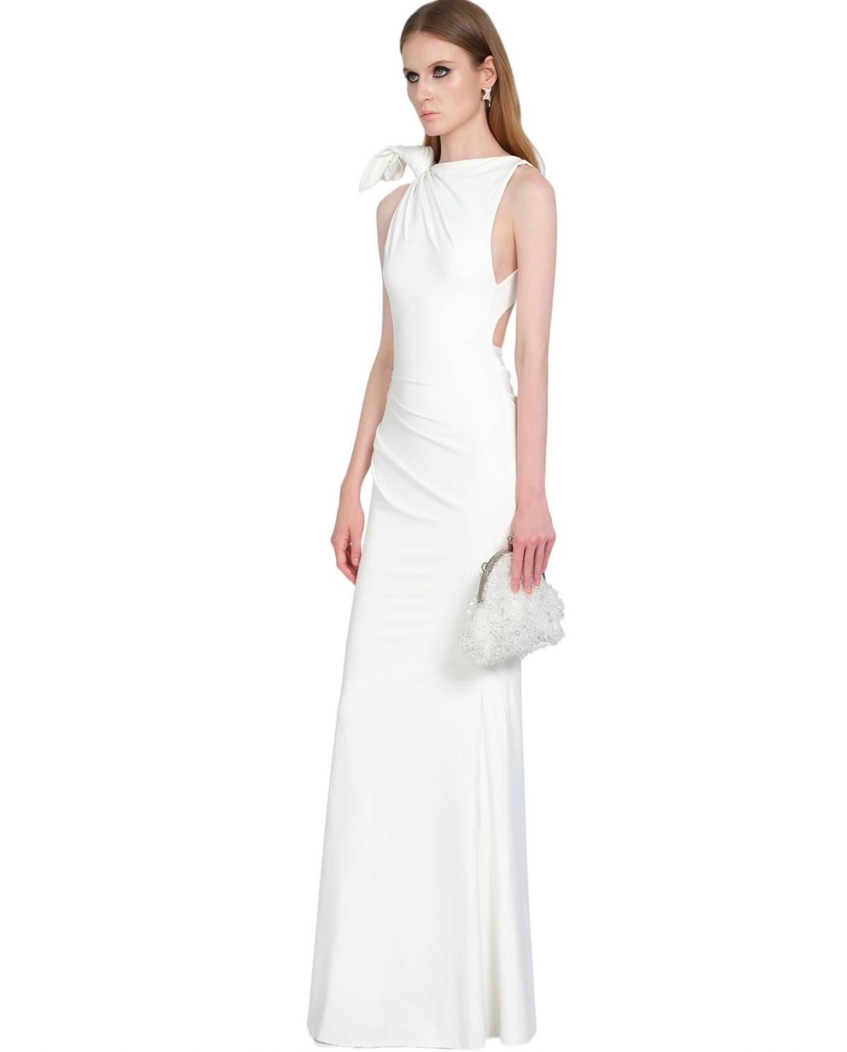White Sleeveless Asymmetric Shoulder-Knot Draped Fitted Tya Maxi Dress