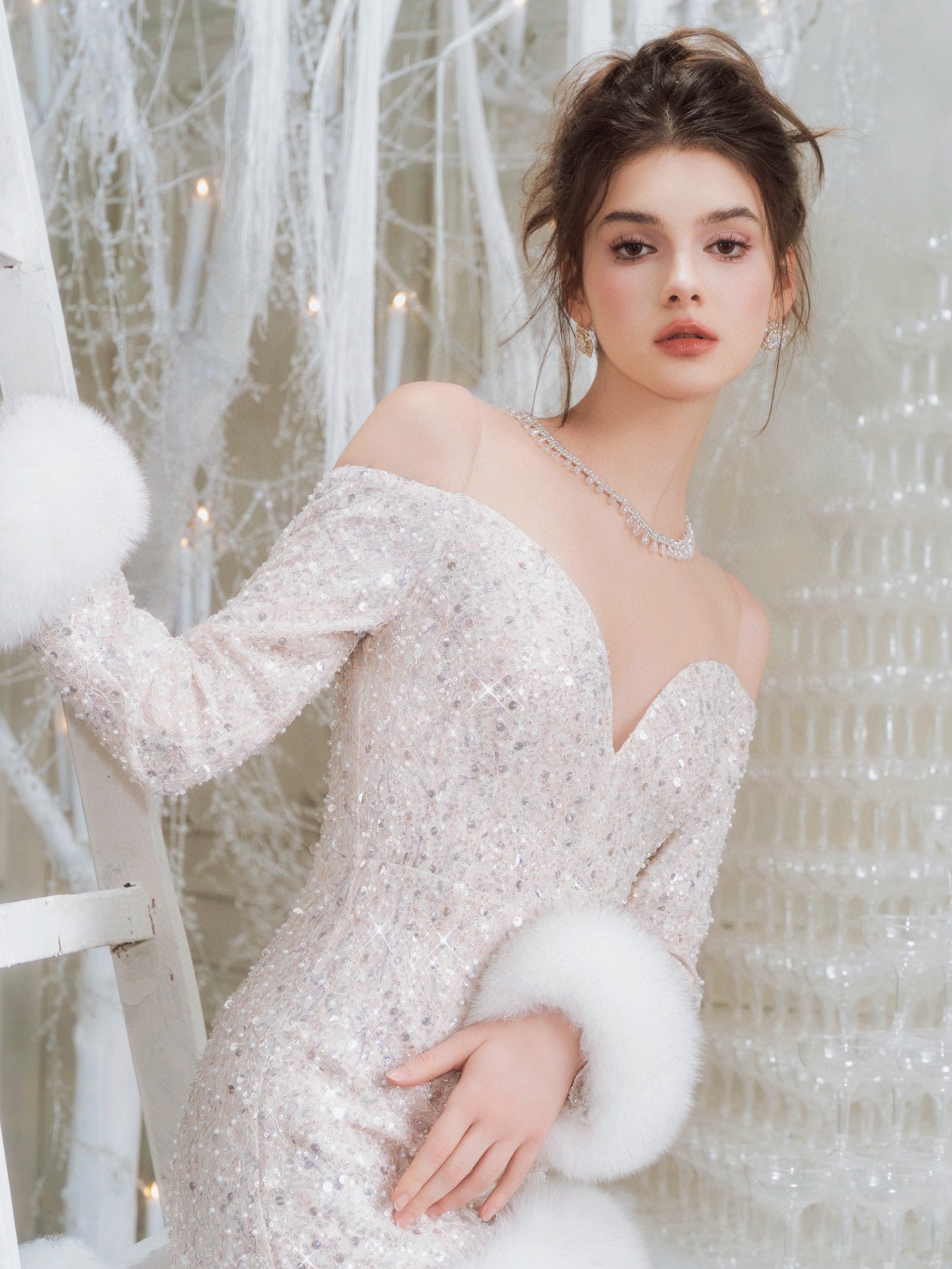 WARDROBE BY CHEN Light Pink Sequin Fox Fur mini Dress (Fox Fur)