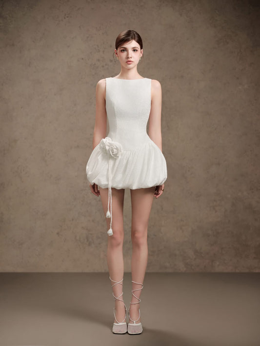 White Flower Bunny Mini Dress