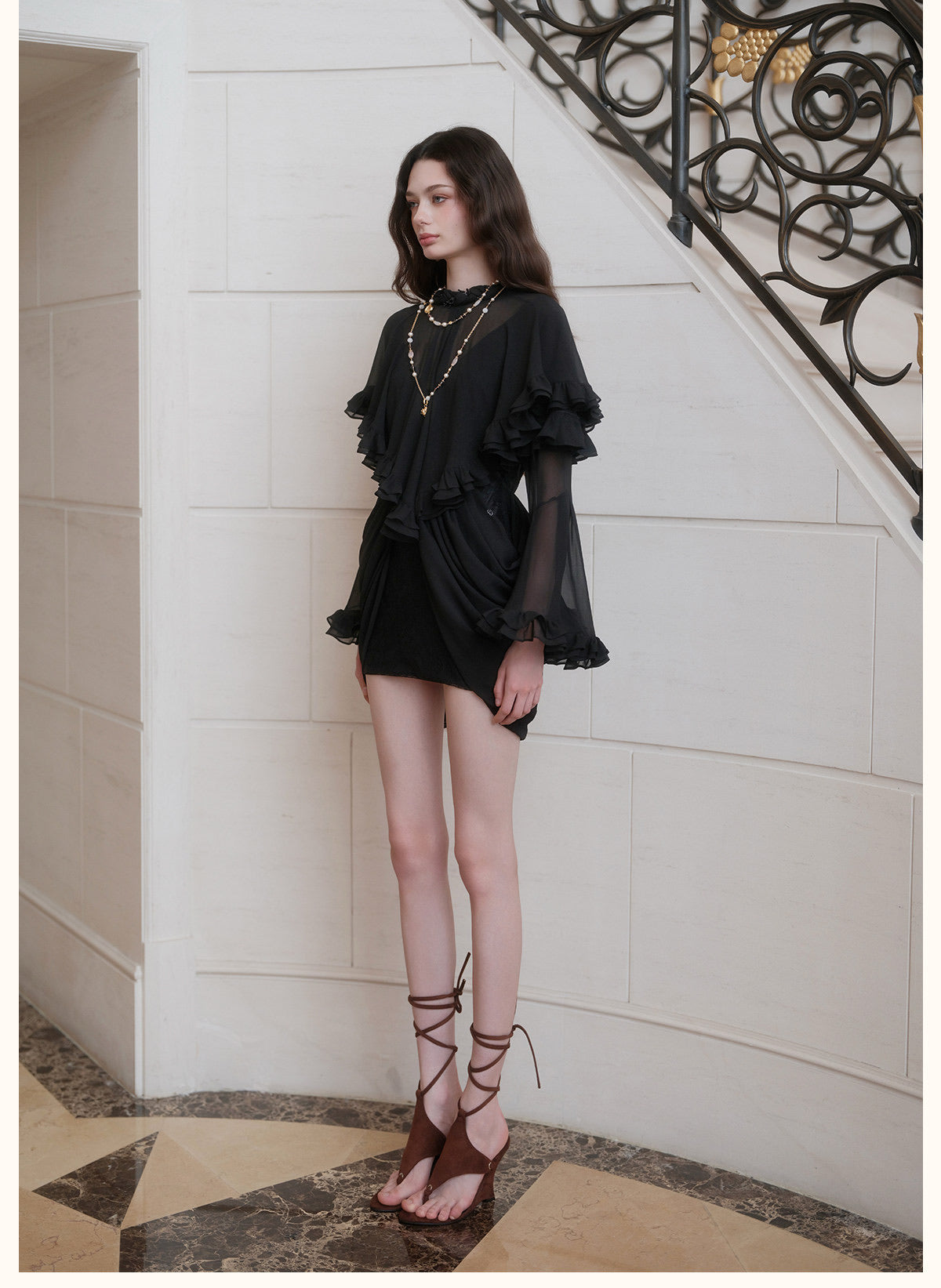 Black High-Neck Beaded Ruffle Bell-Sleeve Chiffon Overlay with Lace Mini Dress