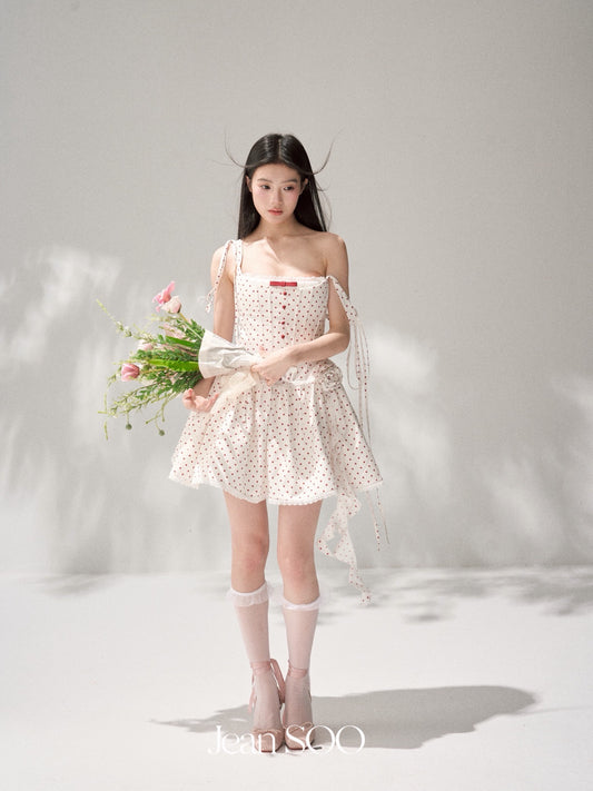JEAN SOO Sweet Vacation White Red  Polka Dots Mini Dress