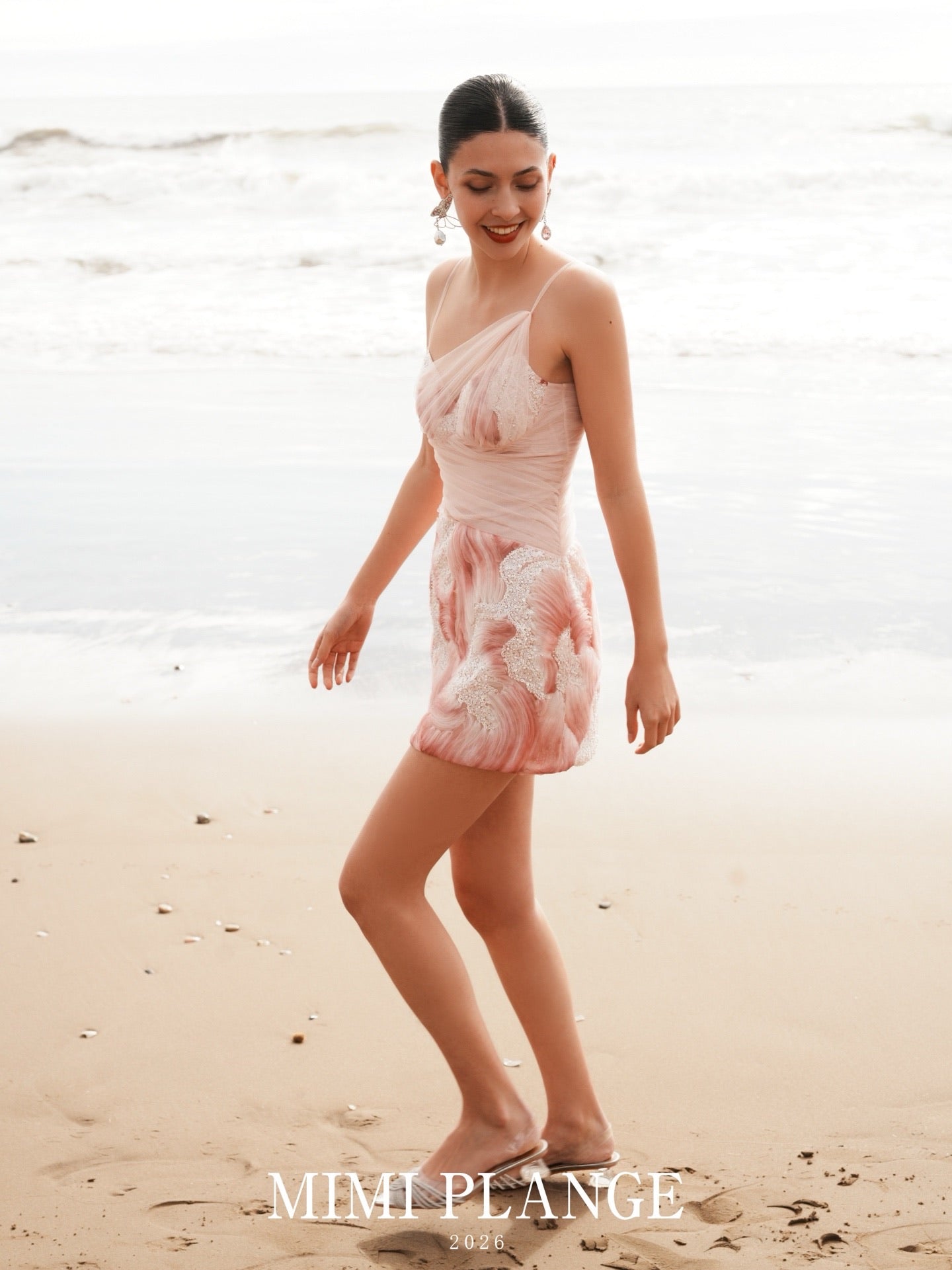 MIMI PLANGE Vacation Sweet Pink Beaded Yarn Mini Dress