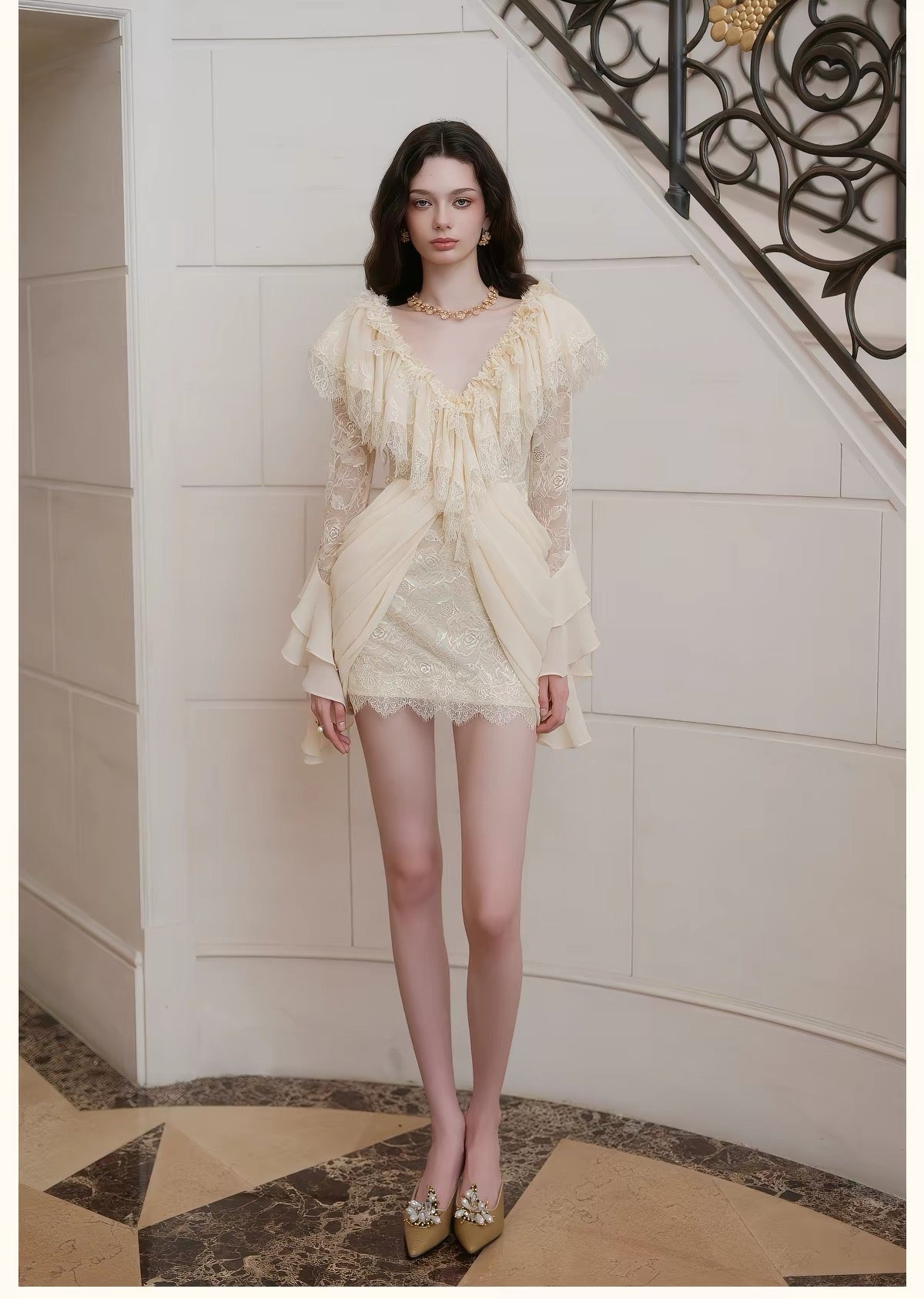 Cream V-Neck Lace Ruffle Long-Sleeve Mini Dress