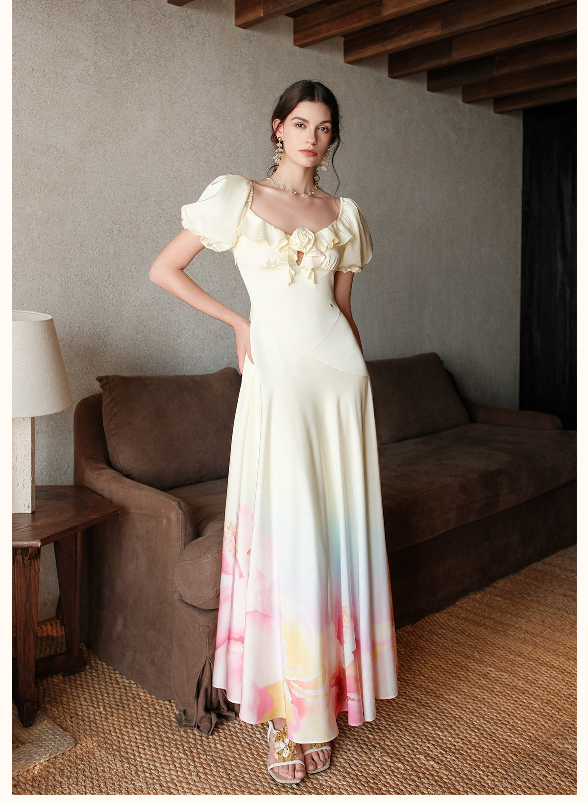 SHEERLUCK Yellow Floral Florette Vacation Maxi Dress