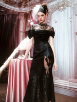 Black Lace Sheer Off-Shoulder Satin Mermaid Midi Dress