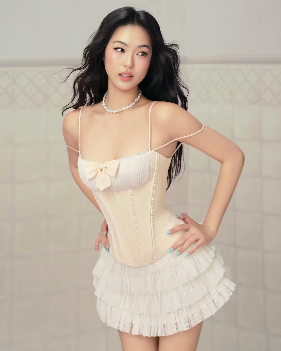 Cream Spaghetti-Strap Bustier Corset Top & Tulle Puff Mini Skirt Lola Set