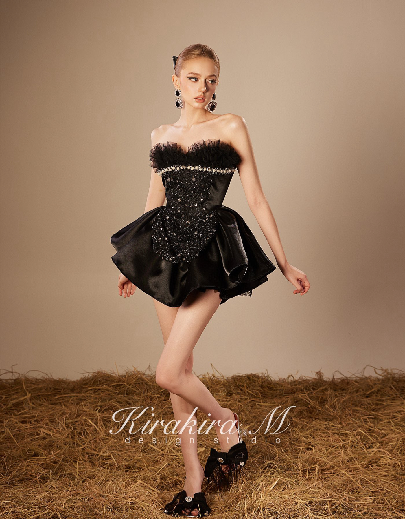 KIRAKIRA M Black Sheath Beaded Princess Mini Dress (Free Pumpkin Pants + Bow Hair Accessories)