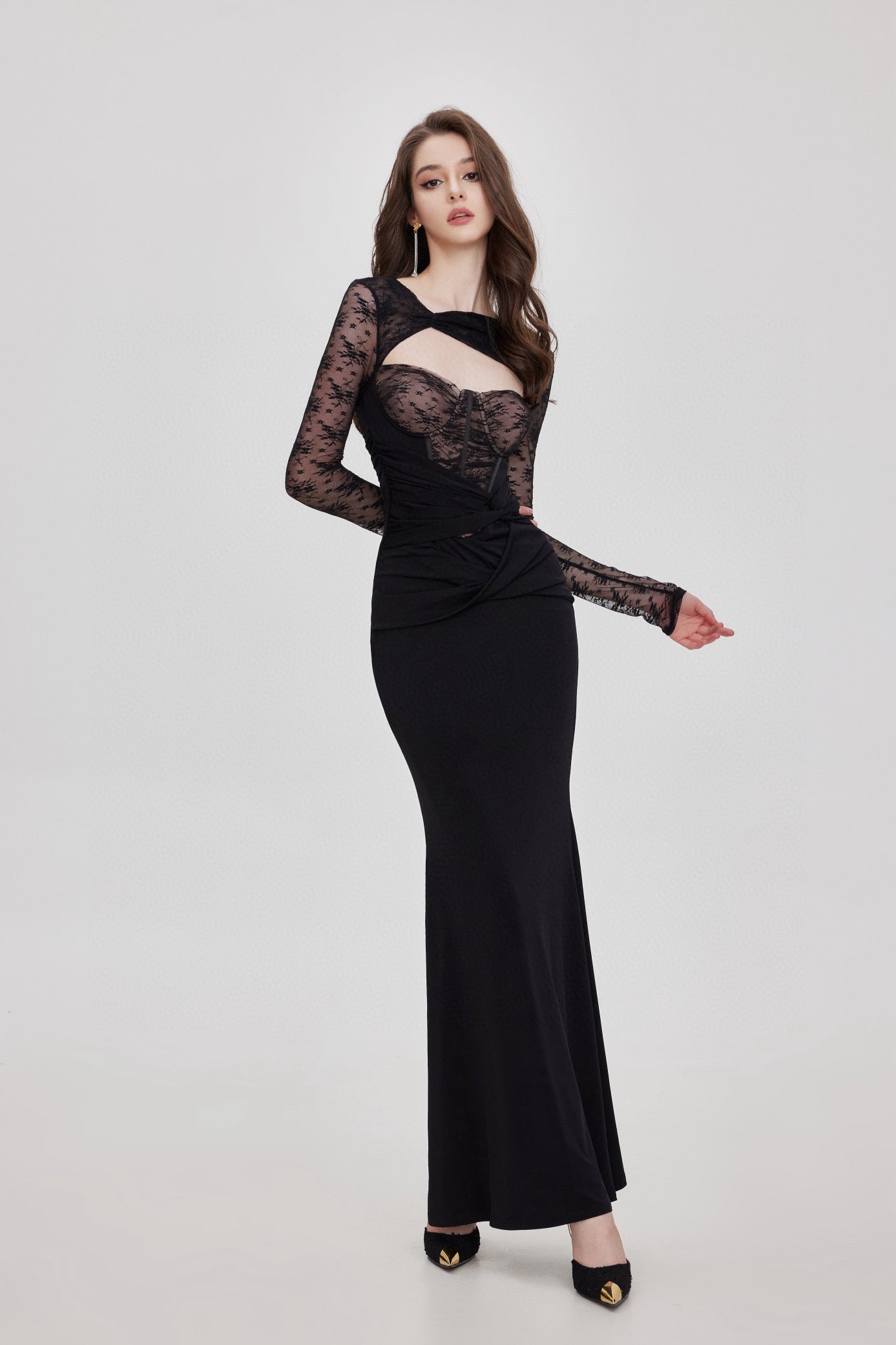 SHEERLUCK Pink & Black Lace maxi Dress