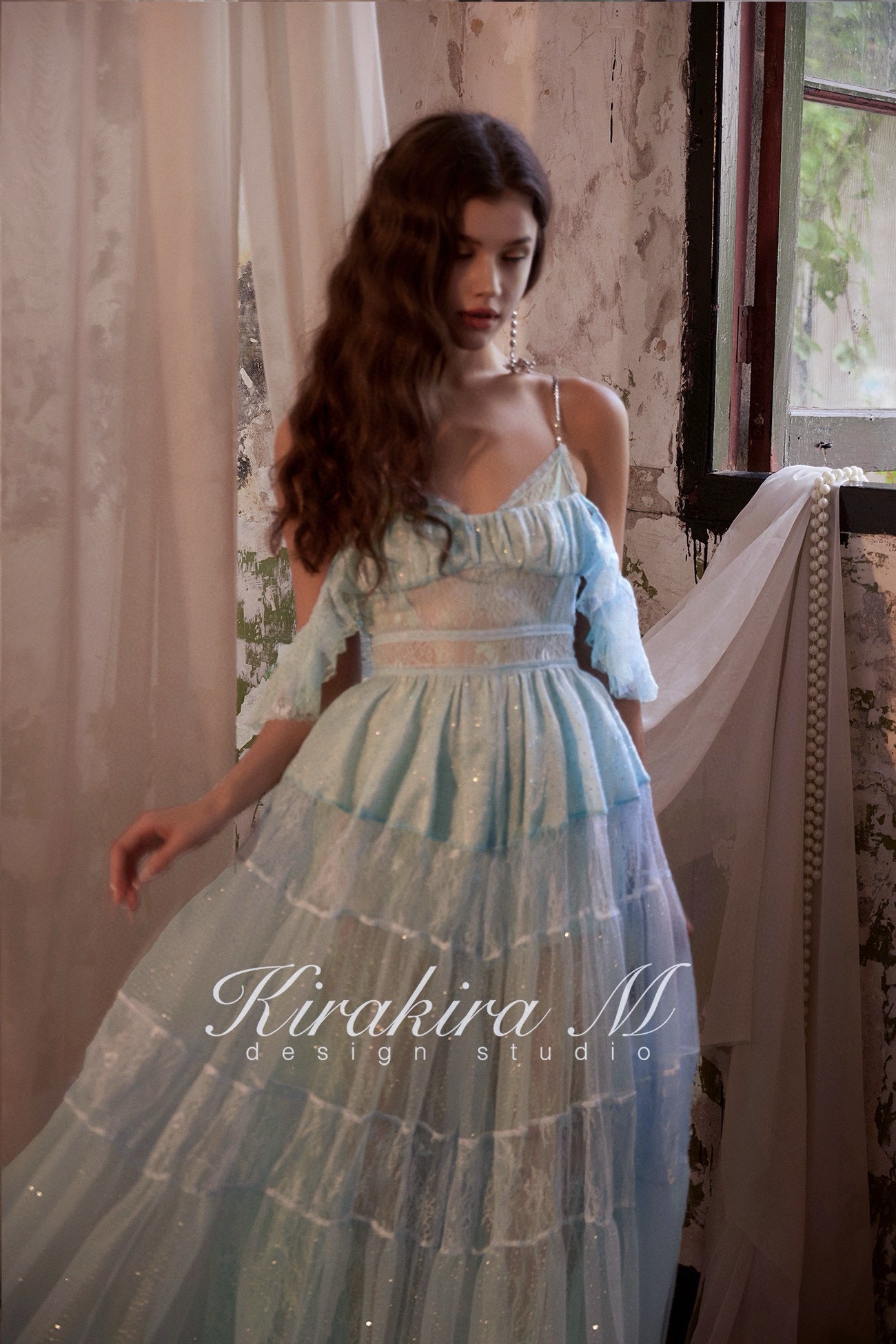 KIRAKIRA M Blue Diamond Embellished Feather Lace Extra Maxi Dress + Bottoms (Slightly Sheer)