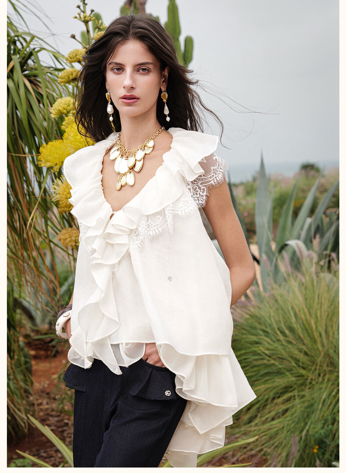 SHEERLUCK Vacation Fairycore White Ripple V-neck Top & Indigo Pants