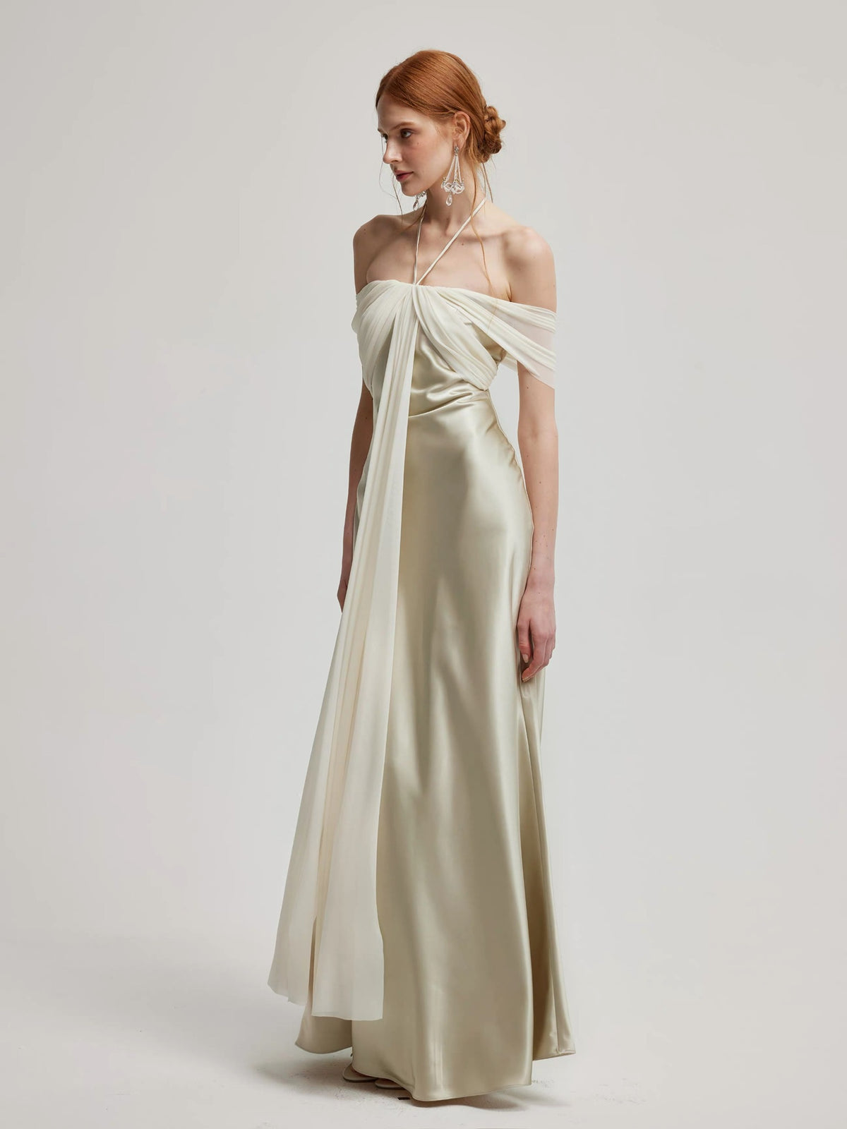 Champagne Halter Off-Shoulder Satin Maix Dress