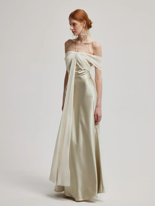 Champagne Halter Off-Shoulder Satin Maix Dress