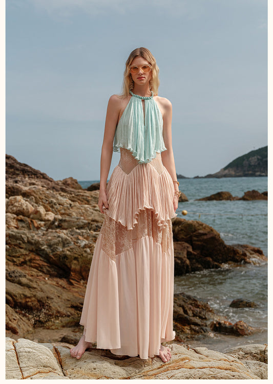 Sheerluck Elegant Vacation Blue Green Laguna French Lace Maxi Dress