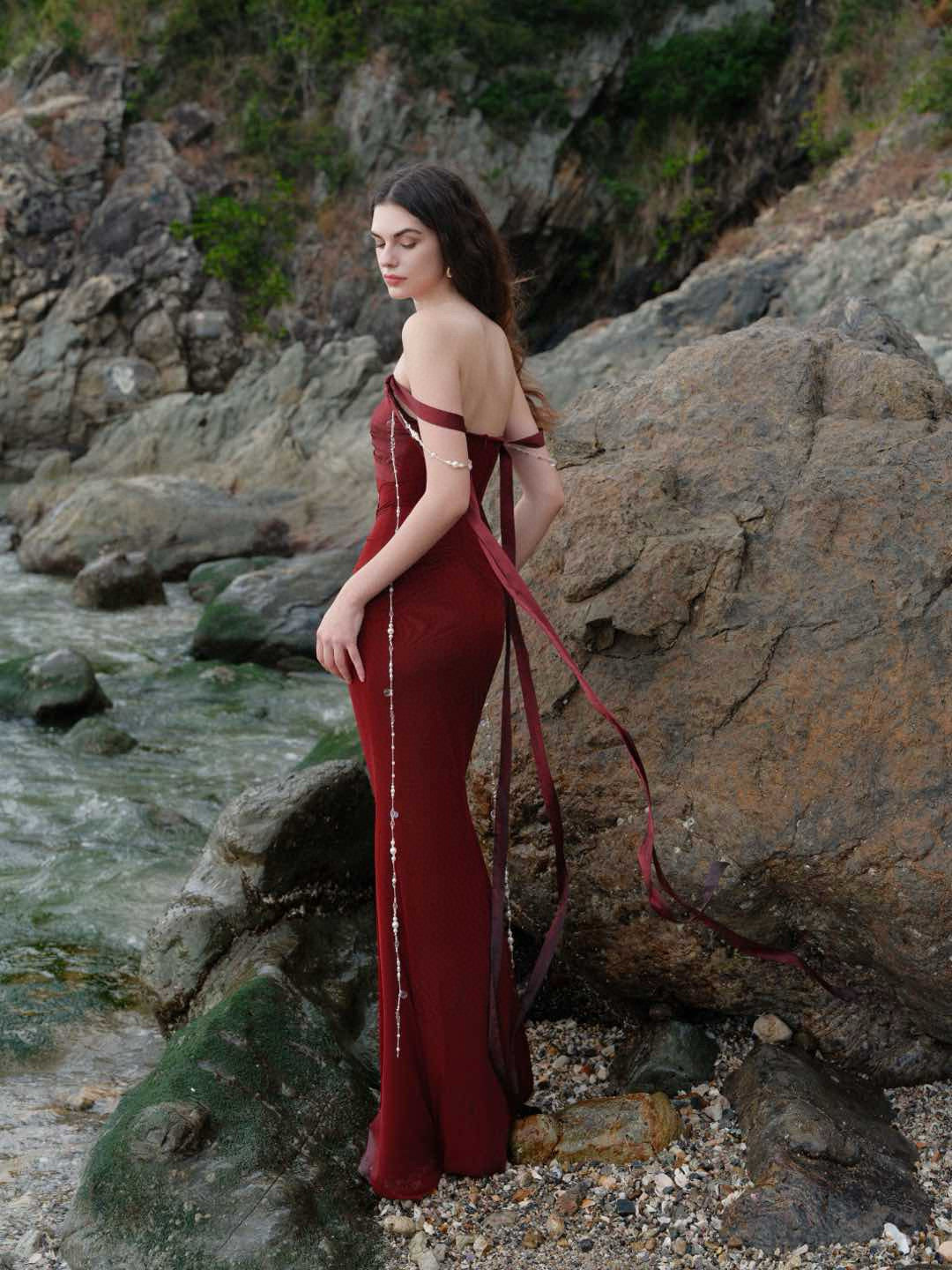 SHEERLUCK White & Red Marlee Sheath Fishtail Maxi Dress
