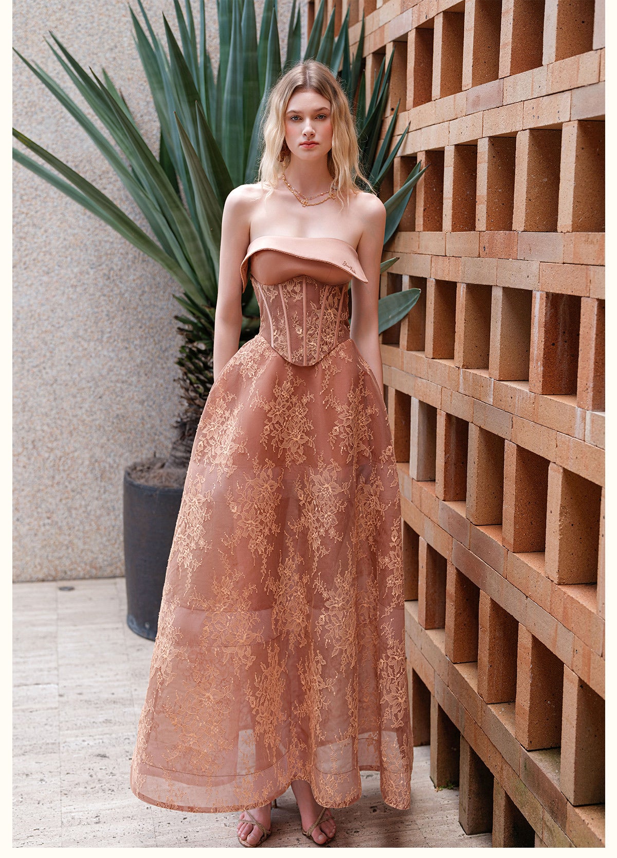 Sheerluck Elegant Vacation Brown Serenata French-collar Strapless Mini Dress & Tulle Maxi Dress