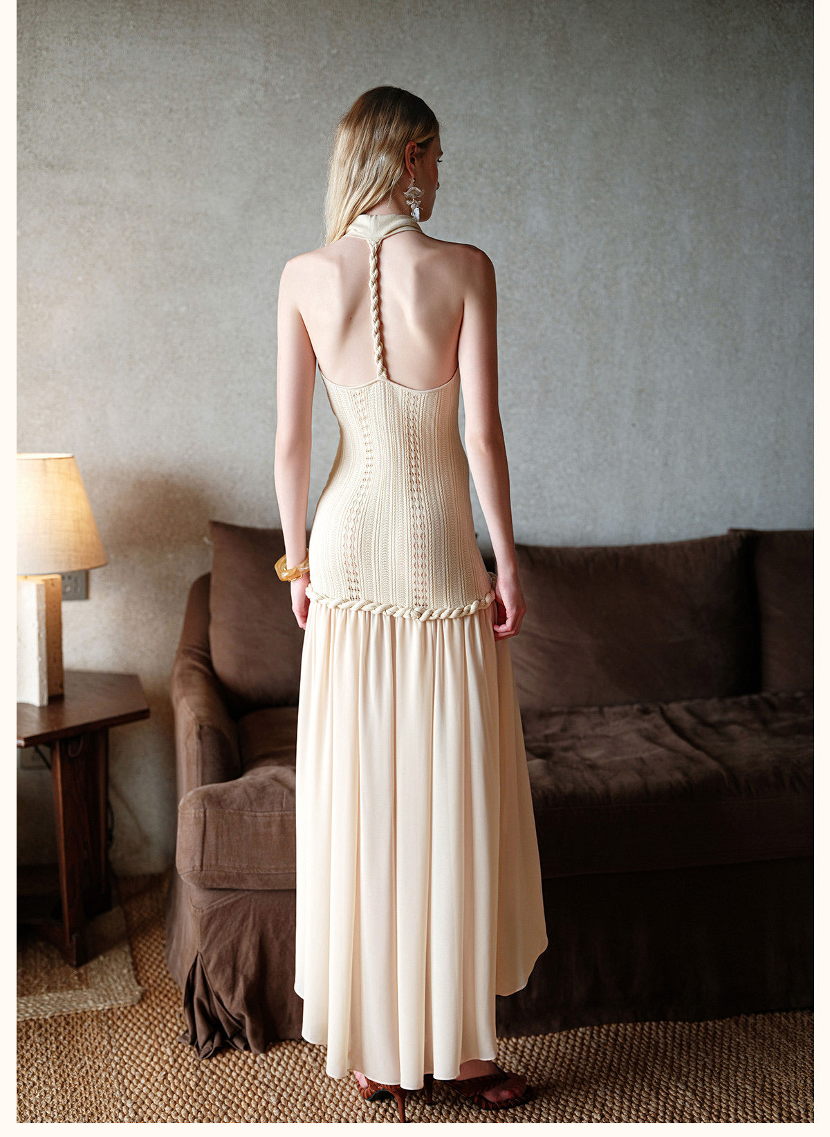 Cream Draped Halter Knit High-Low Chiffon Maxi Dress