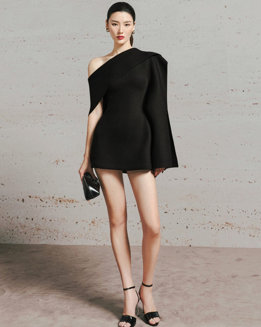 LANE JT Elegant Minimalist Black Dulcie Asymmetric Sleeves Mini Dress