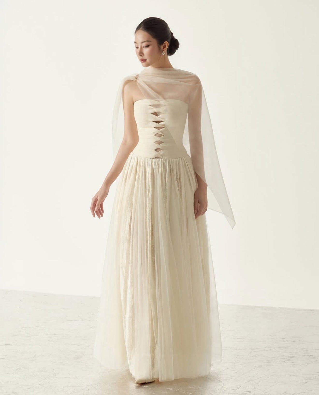 Cream Elizabeth Strapless Lace Mesh Maxi Dress