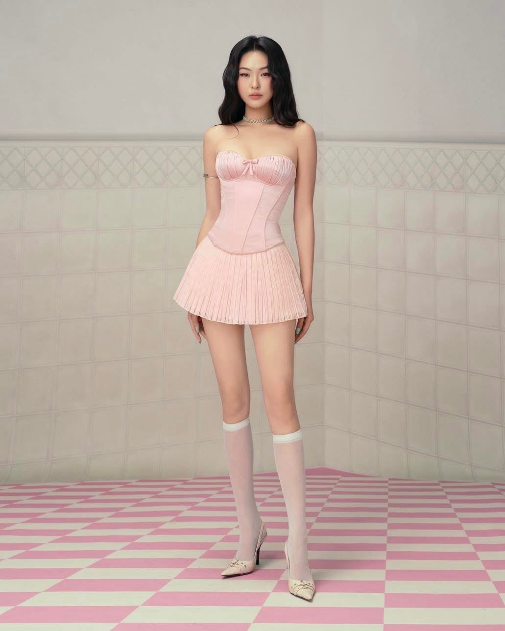 Pink Strapless Bow Corset Top & Pleated Mini Skirt