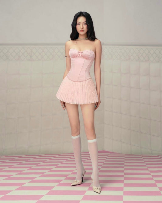 Pink Strapless Bow Corset Top & Pleated Mini Skirt