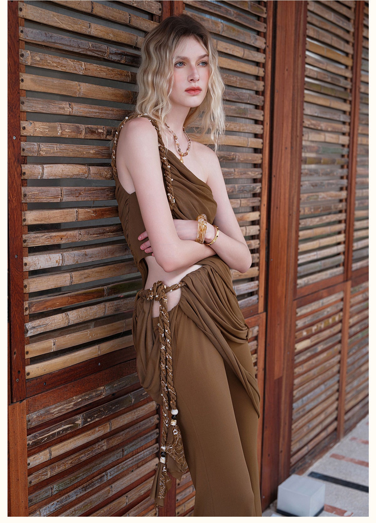 Sheerluck Elegant Vacation Nude Drapella Lace-Braided Pleated Top & Flared Pants Set