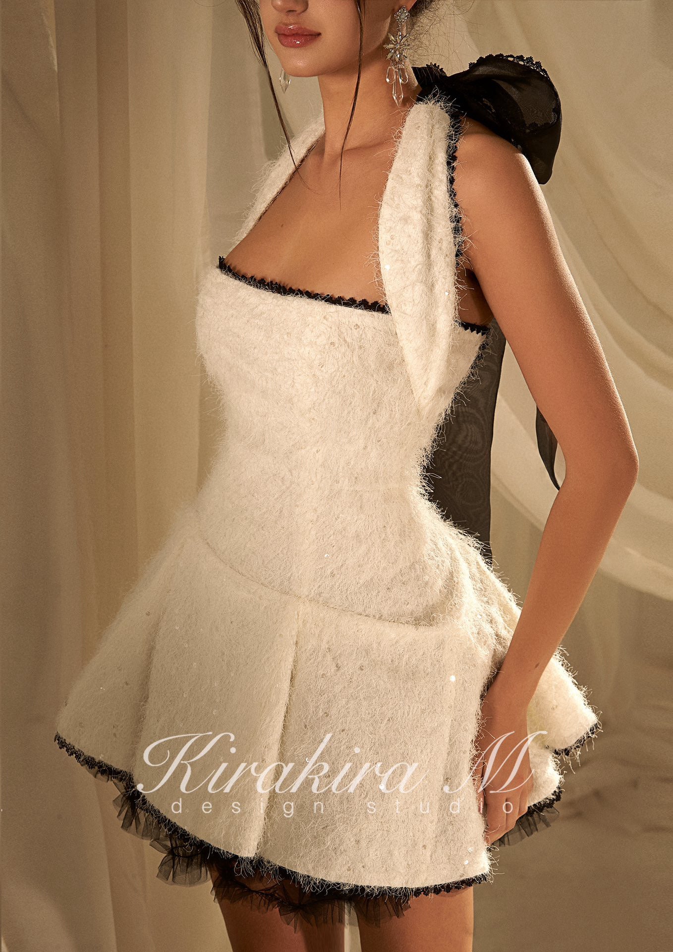 KIRAKIRA M White fuzzy halter mini dress with crystaled detail