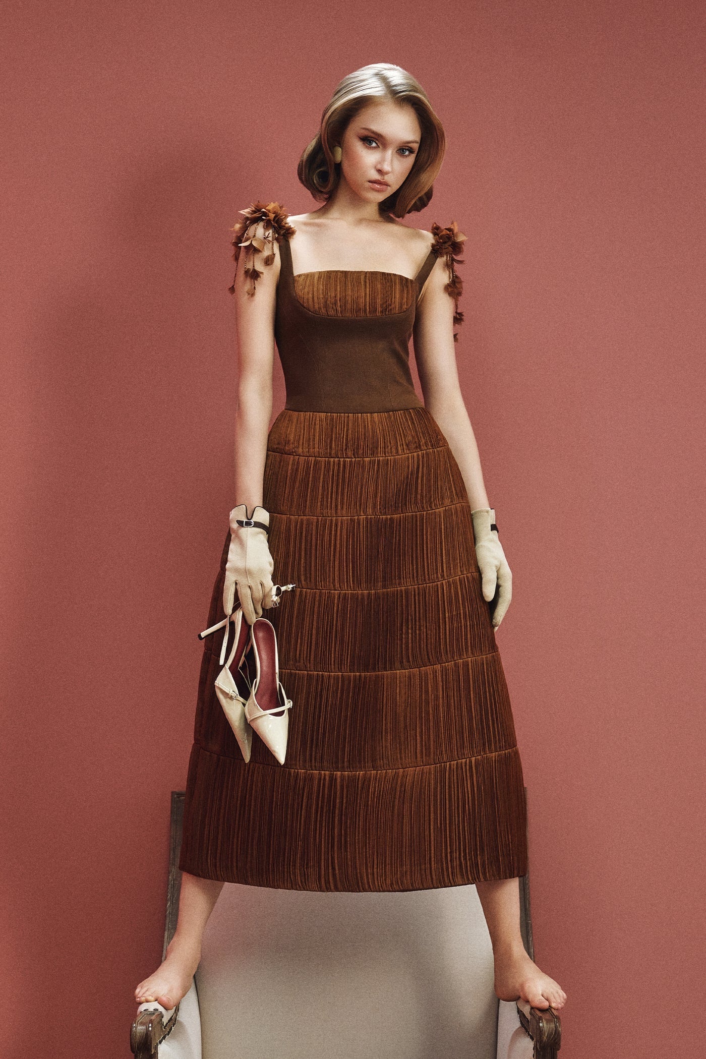 CICI Brown Elegant Vacation Terrina Strap-detail Midi Dress