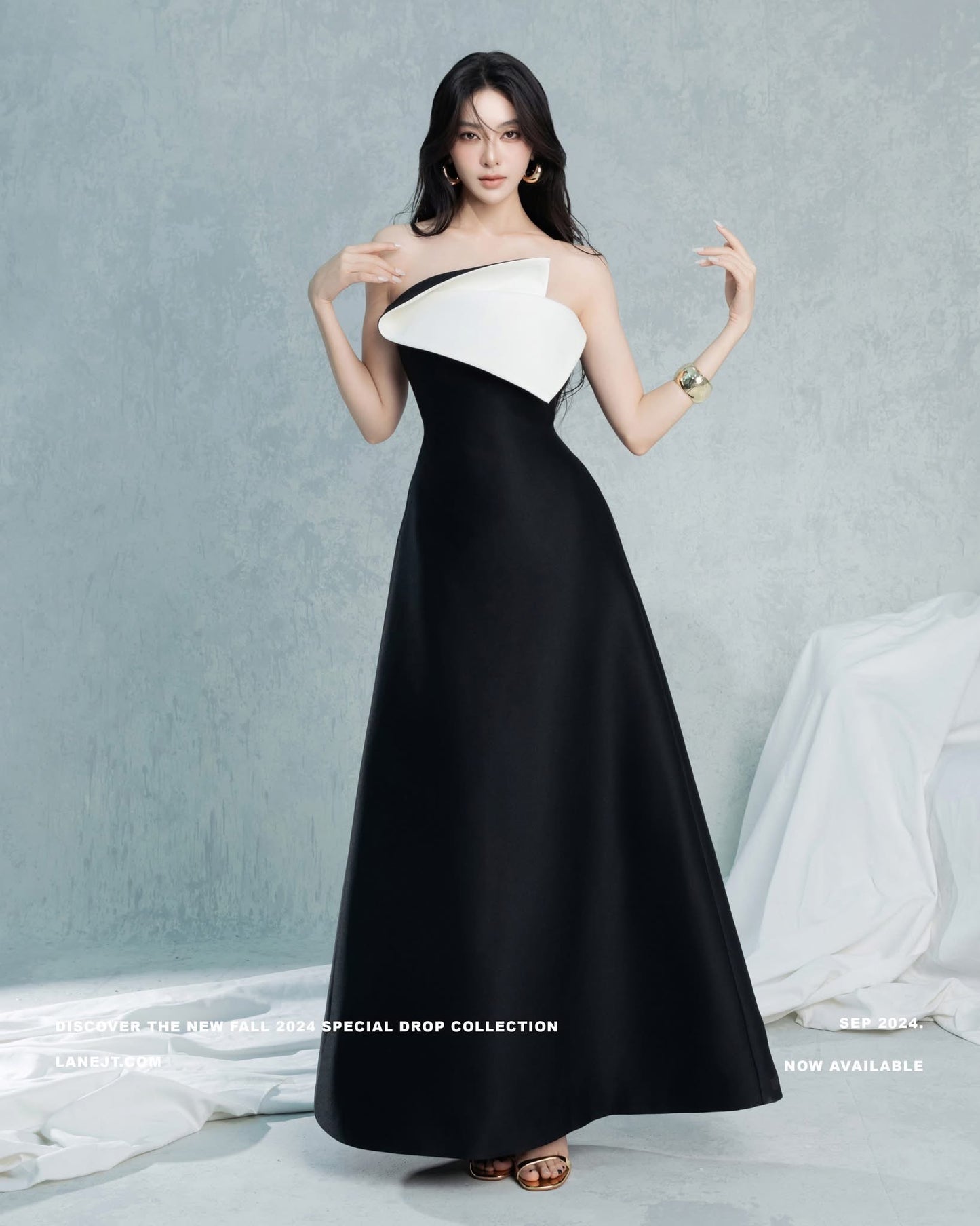 LANE JT Black Evelyn Origami Midi Dress