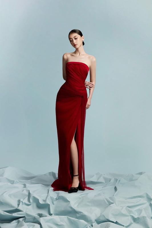 BYDI Elegant Minimalist Red Lenci Maxi Dress