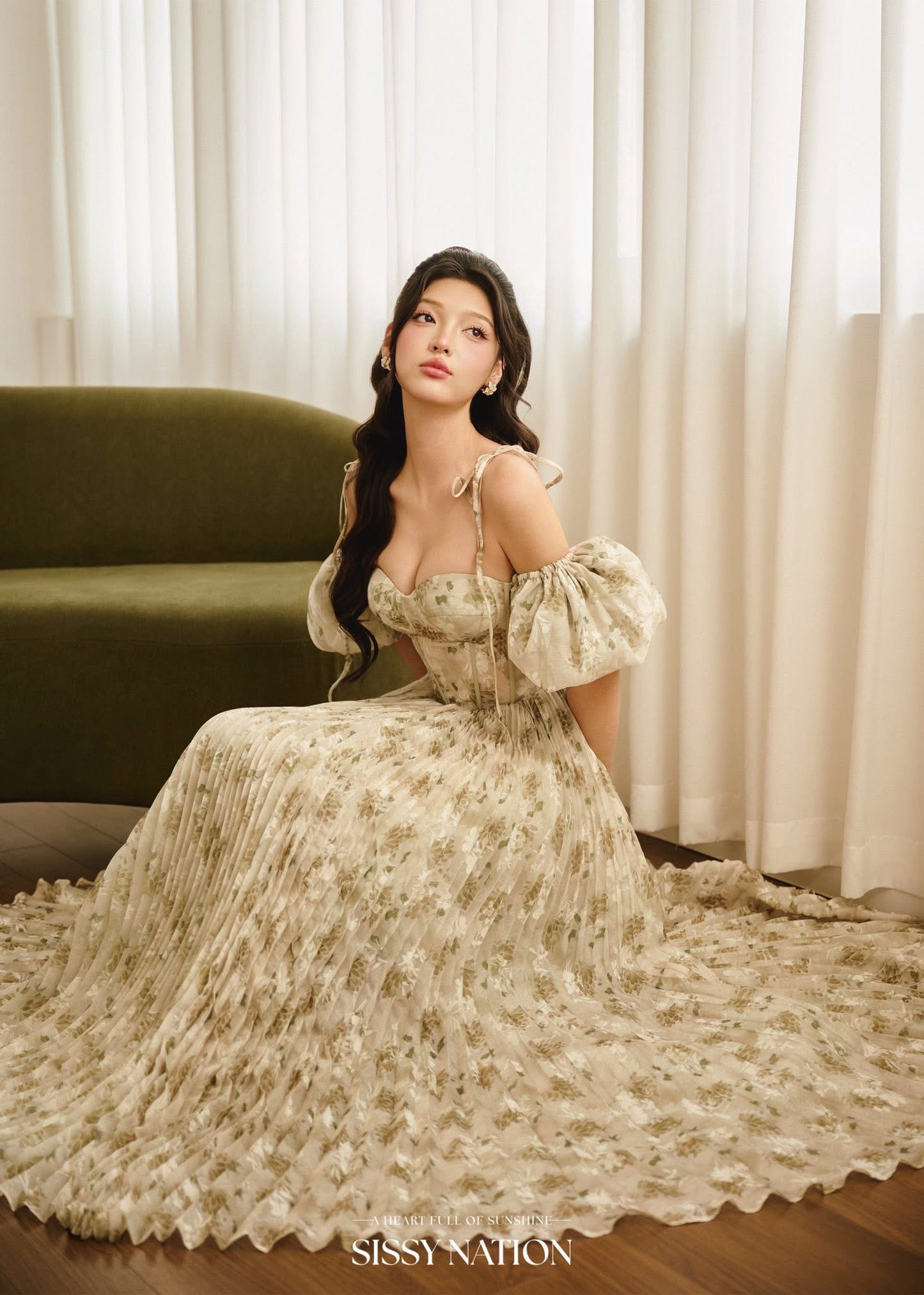 SISSY NATION Green Floal Tiana Pleated Maxi Dress