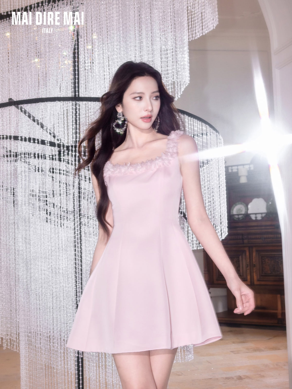 Pink Square Neck Lace Mini Dress