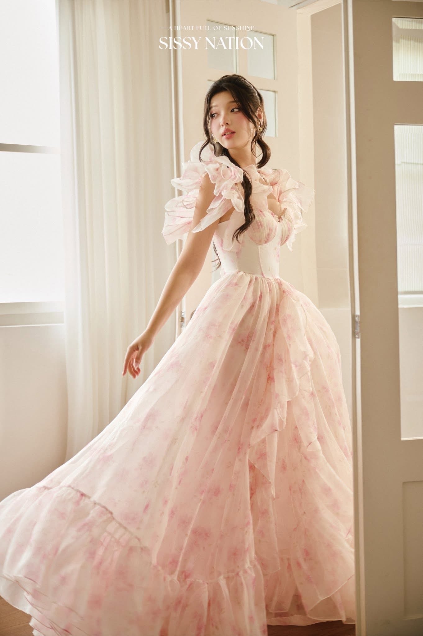 SISSY NATION Pink Floal Peony Ruffle Gown Maxi Dress