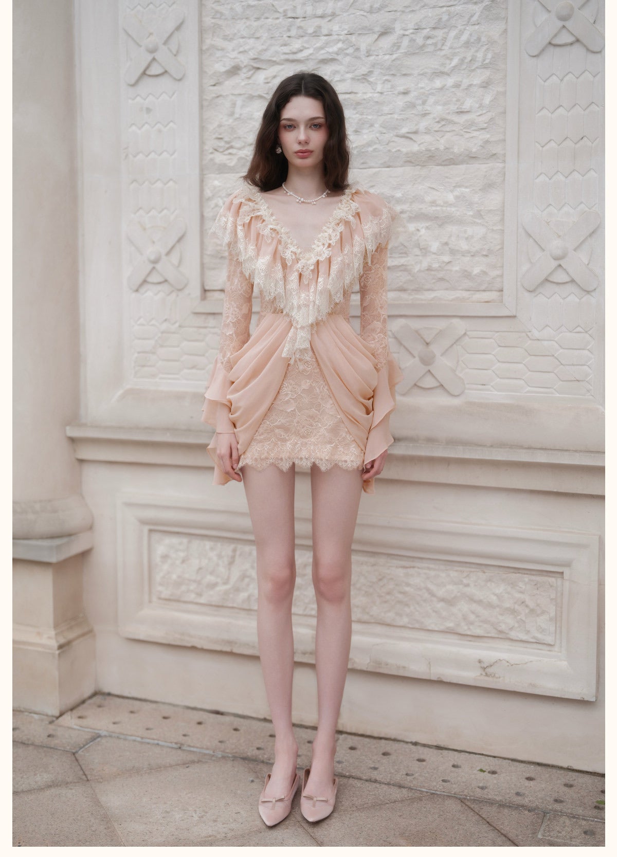 Cream V-Neck Lace Ruffle Long-Sleeve Mini Dress