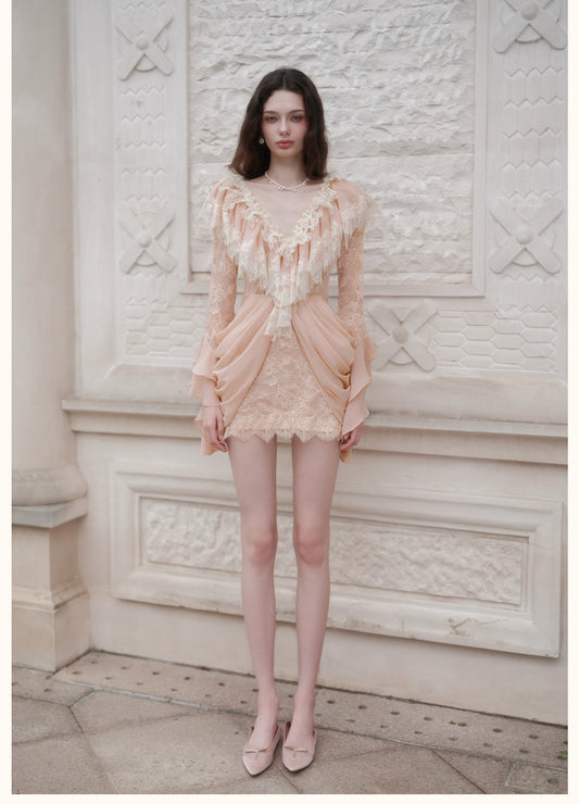 Pink V-Neck Lace Ruffle Long-Sleeve Mini Dress