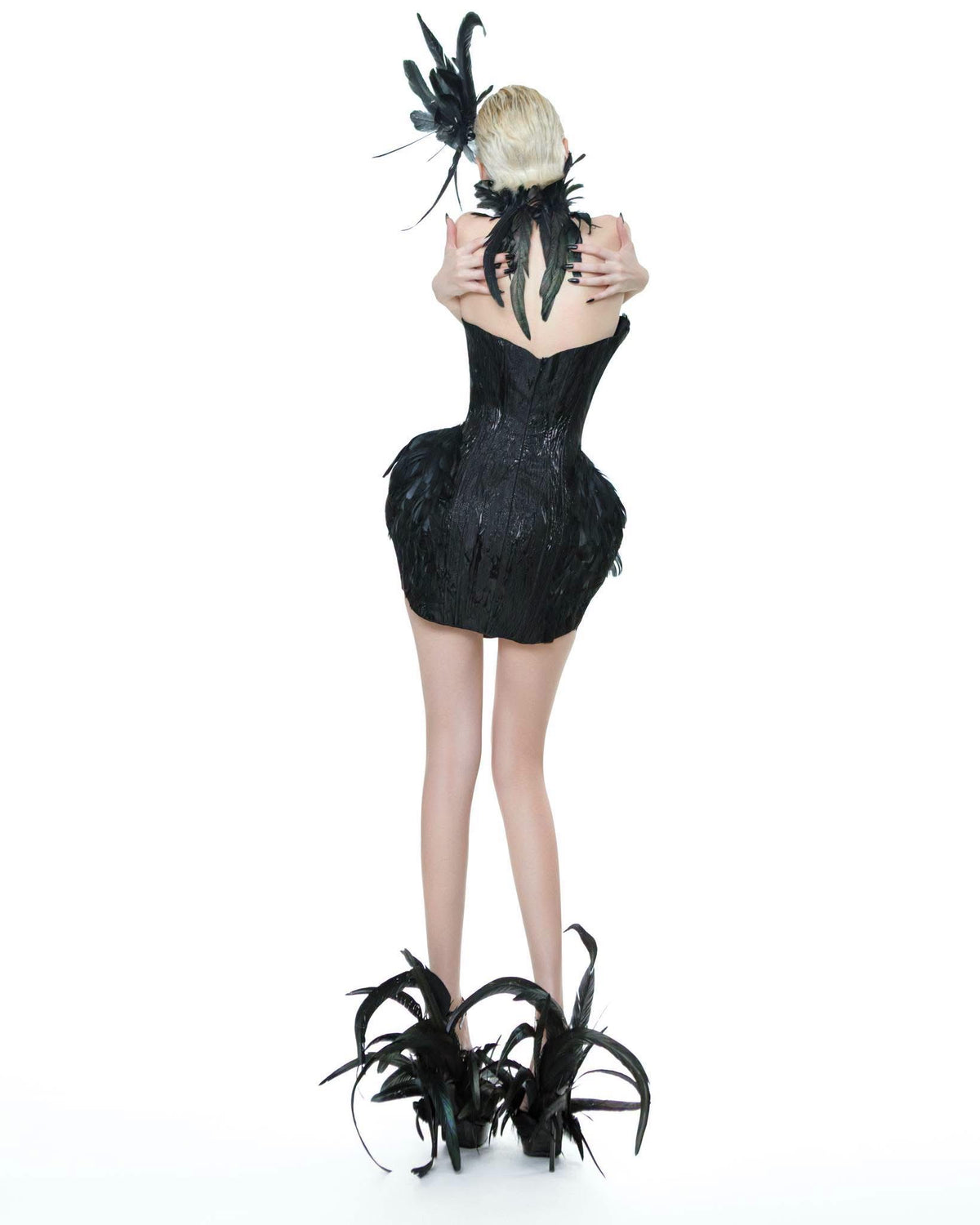 Black Feather Strapless Corset Swanilda Mini Dress with Feather Choker
