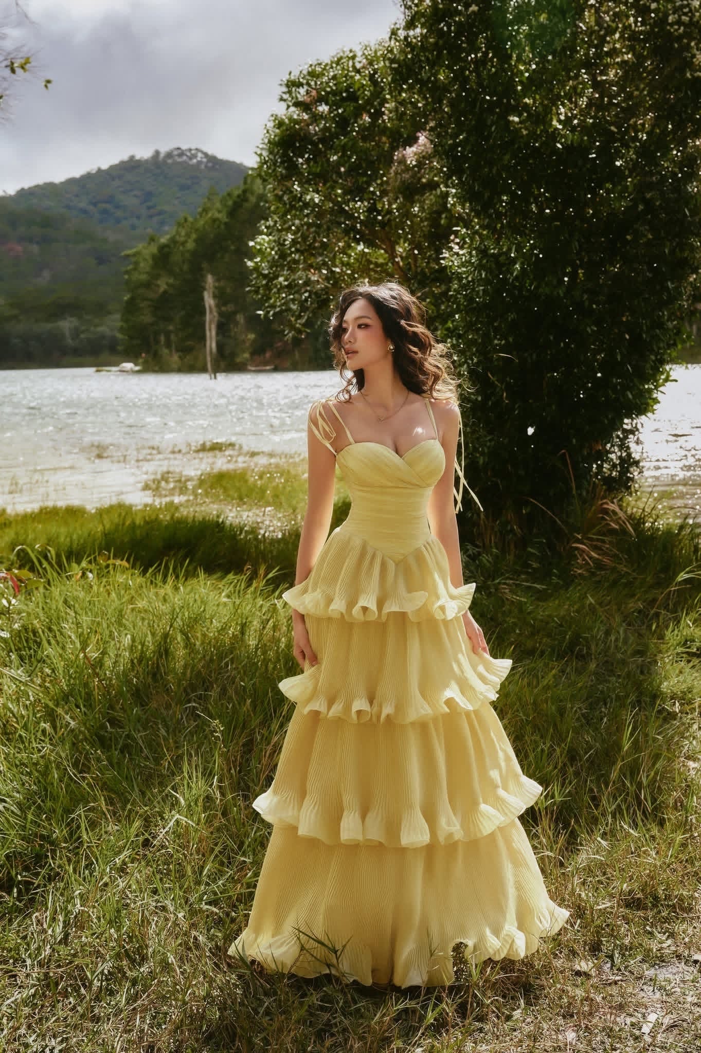 SISSY NATION Sweet Elegant Fairycore Yellow Penelope Pleated Maxi Dress