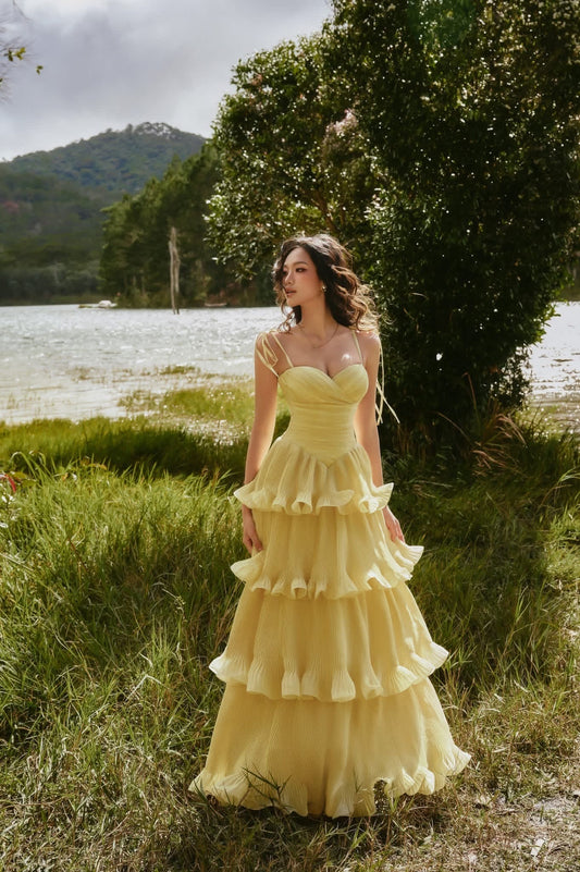 SISSY NATION Sweet Elegant Fairycore Yellow Penelope Pleated Maxi Dress