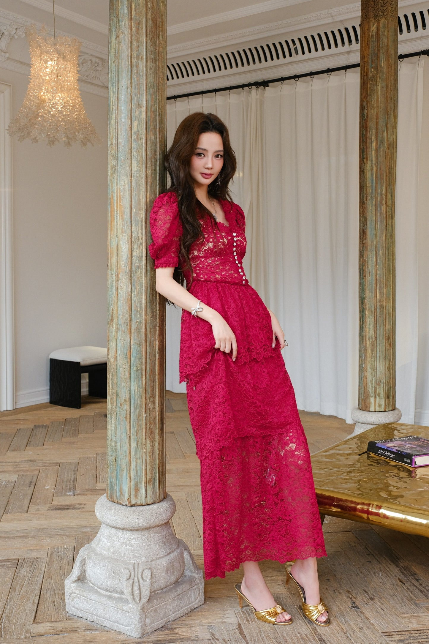 MASION WESTER Rose Red Lace Maxi Dress