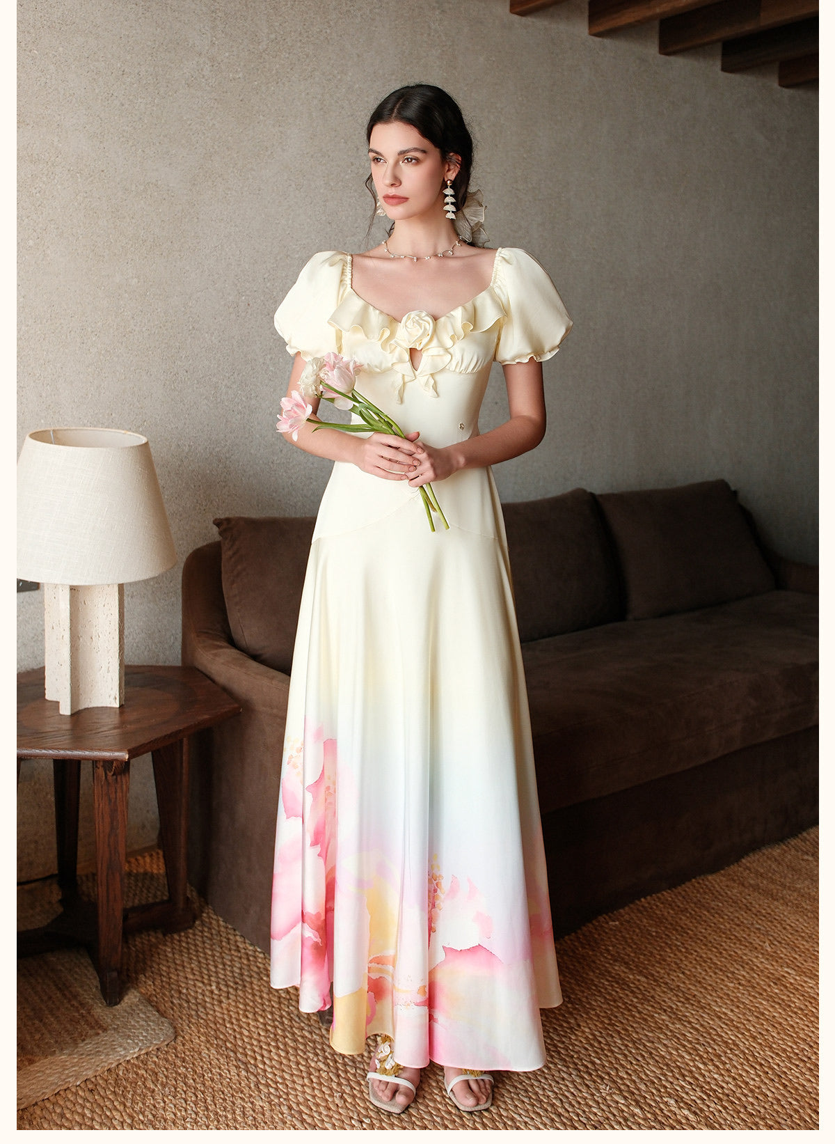 SHEERLUCK Yellow Floral Florette Vacation Maxi Dress