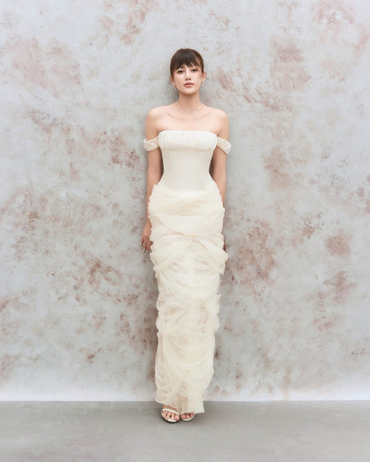 White Anatasia Pleated Corset Maxi Dress
