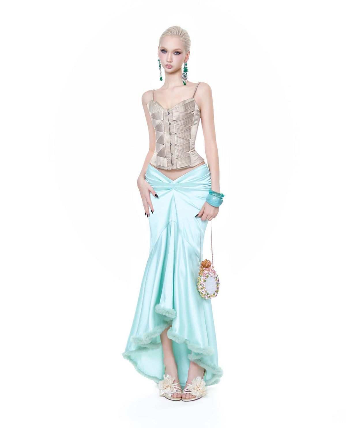 Sliver Sequin Halter Deep-V Fringe Daloe Top & Satin Twist Reinosa Maxi Skirt