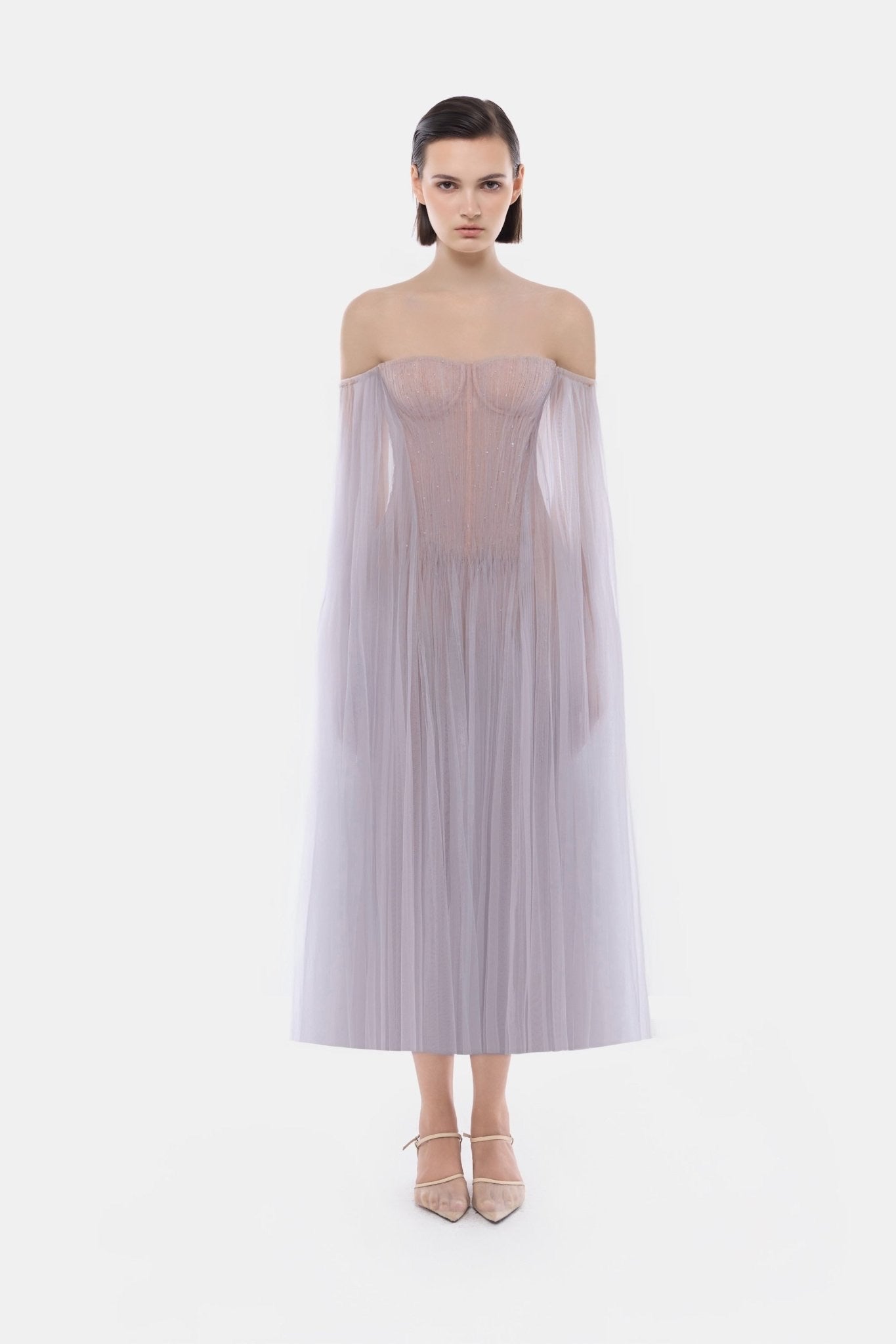 MONTSAND Purple Vacation Elegant Tulle Off-shoulder Midi Dress