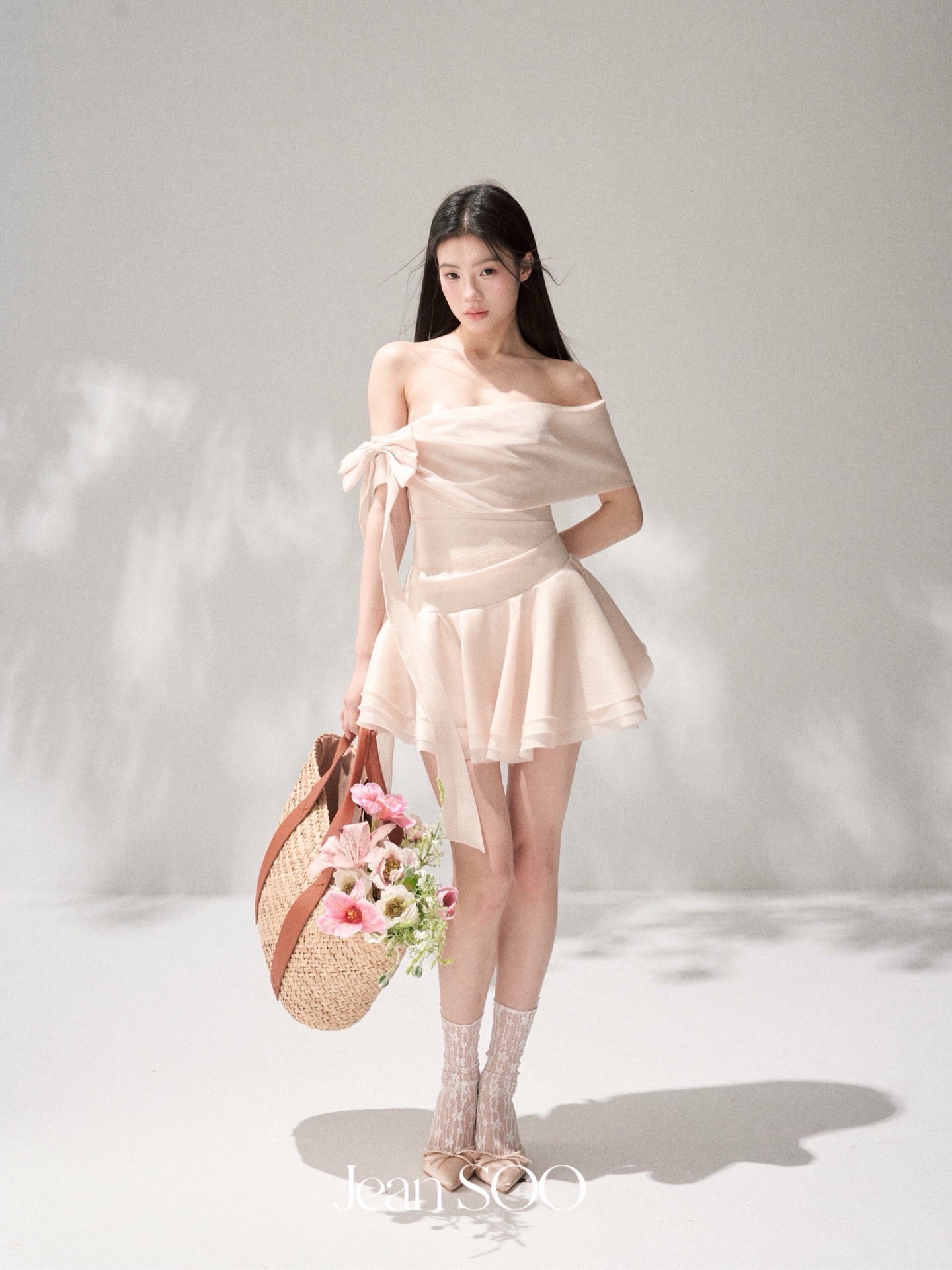 JEAN SOO Sweet Vacation Pink Satin Slopeing Shoulder Mini Dress