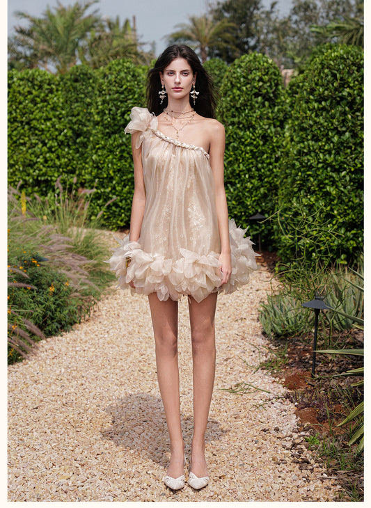 Sheerluck Elegant Vacation Nude Lido Atmospheric Off-the-Shoulder Sequinned Backless Mini Dress