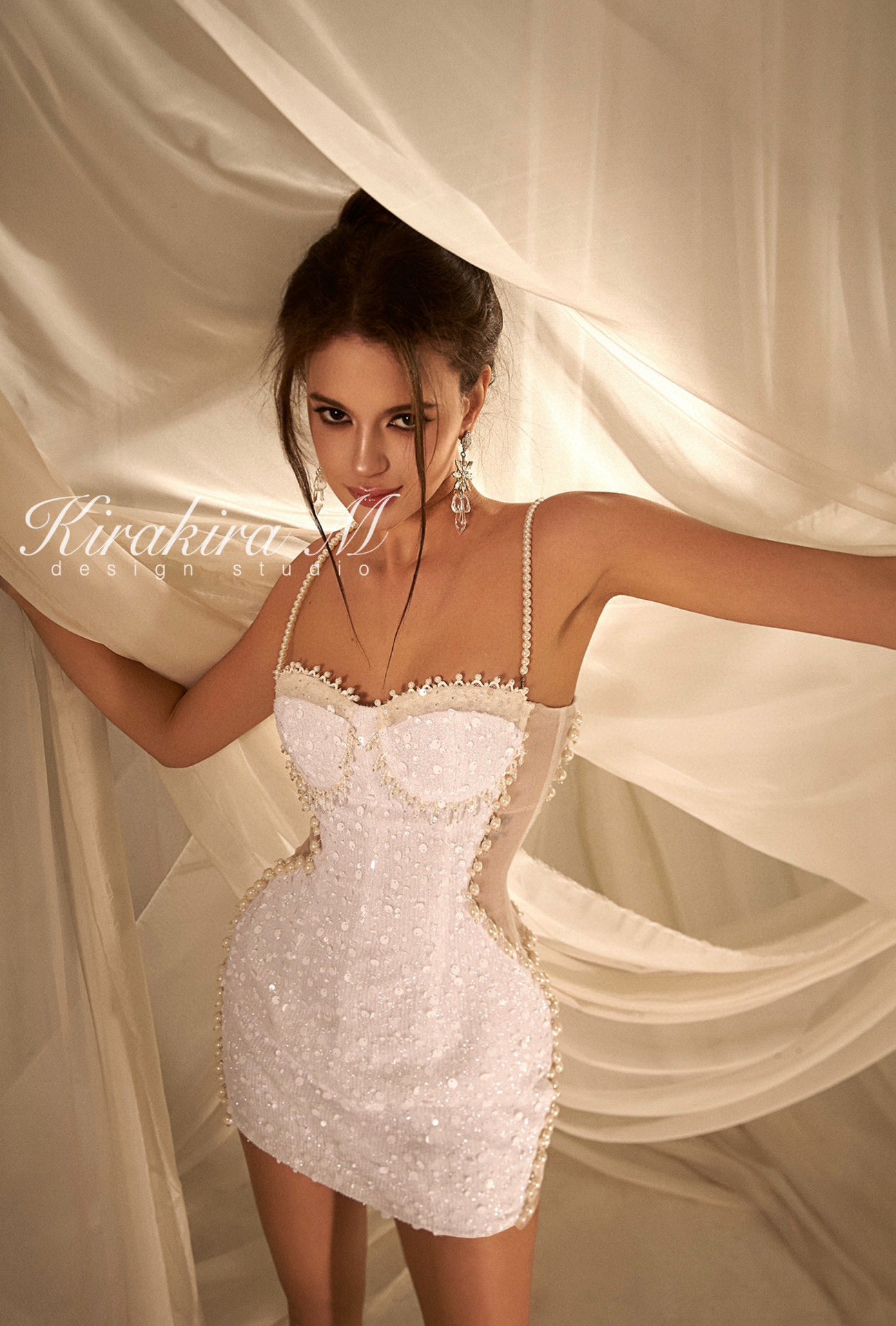 KIRAKIRA M White glitter strap mini dress with pearls deatail