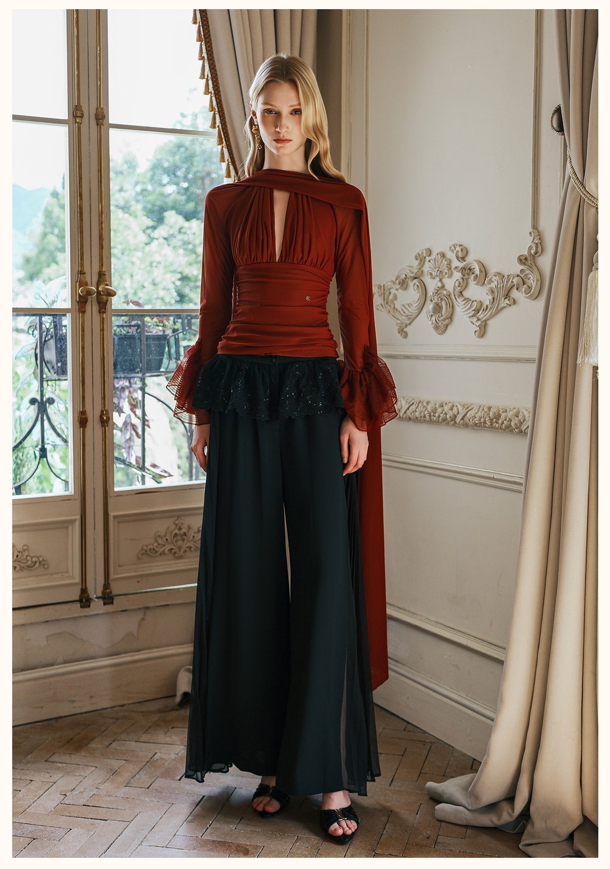 SHEERLUCK Red Nina Halterneck V-neck Ribbon Top