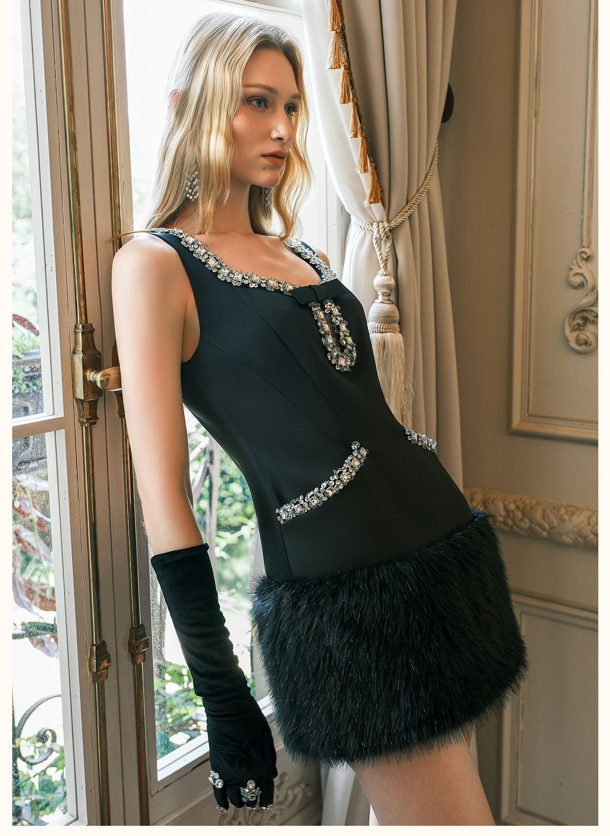 SHEERLUCK White Bow Fur Mini Dress